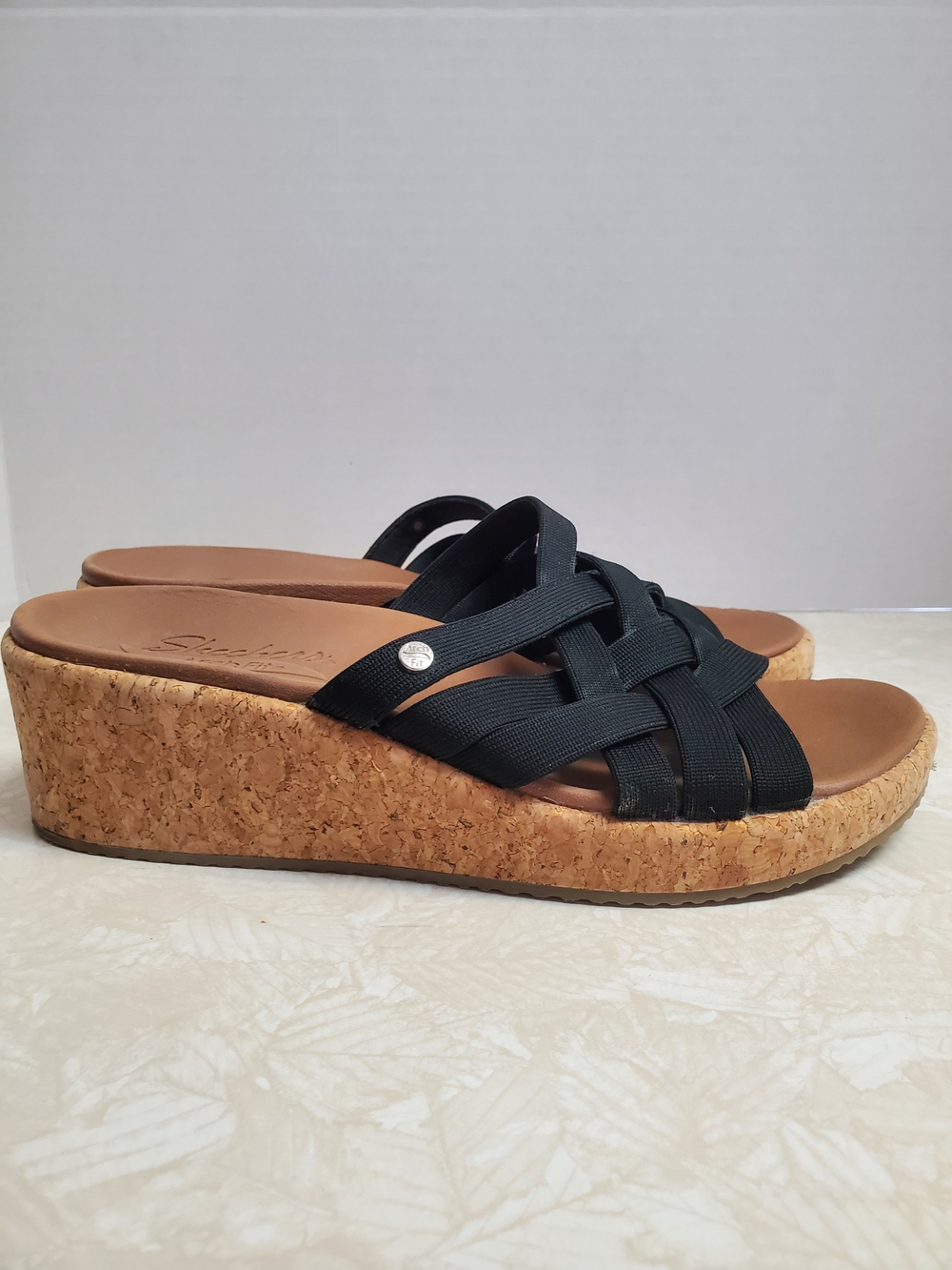 Skechers Black Cork Wedge Slide Sandals